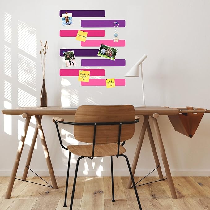 8Pcs Rectangle Felt Cork Board Bar Strips with 35 Pushpins, Self-Adhesive Bulletin Board Strips for Office School Home Wall Decor Stickers Memos Schedules Photos Display -Gradual Purple
