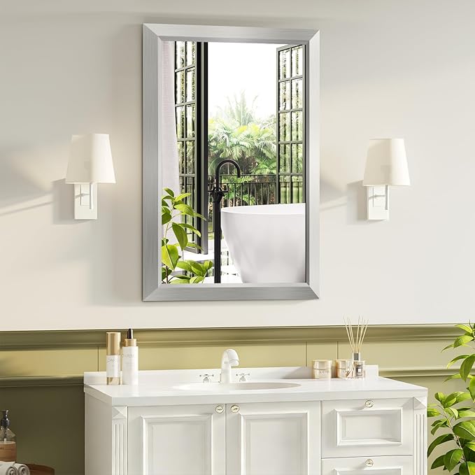 Bathroom Mirror for Over Sink,24x36Inch Silver Thick Anti-Rust Metal Frame, Rectangle Decorative Wall Mirror with HD Tempered Glass, Horizontal or Vertical Mount for Vanity, Bathroom,Living Room