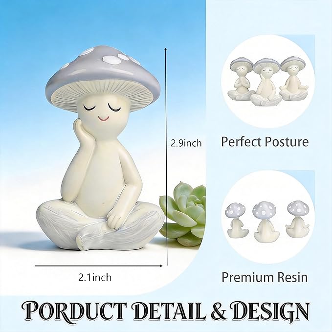 3 Pcs Mushroom Decor Figurines - Meditation Decor Statues for Living Room, Bedroom, Office - Resin Sculptures for Mindfulness Enthusiasts Home Decor Lovers Nature Lovers (Grayish White)