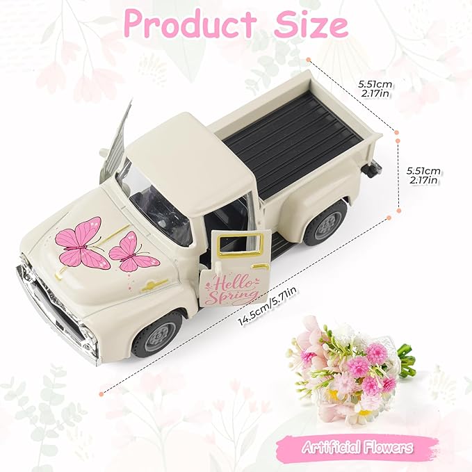 Mothers Day Spring Butterfly Truck Decor, Pink Spring Floral Truck Decorations for Home, Mini Wildflowers Truck Tiered Tray Decor, Rustic Farmhouse Kitchen Tabletop Decorations for Office