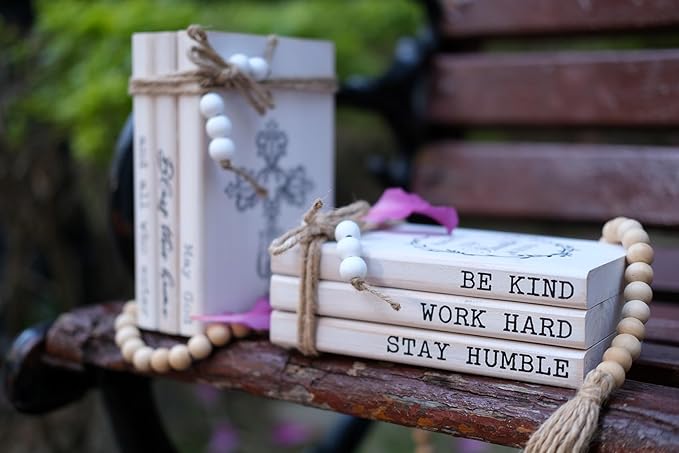 LIVDUCOT Wooden Decorative Books for Home Decor, White Faux Books for Rustic Decoration, Farmhouse Stacked Book Decor for Living Room, Entryway, Bookshelf （Be Kind Work Hard Stay Humble）