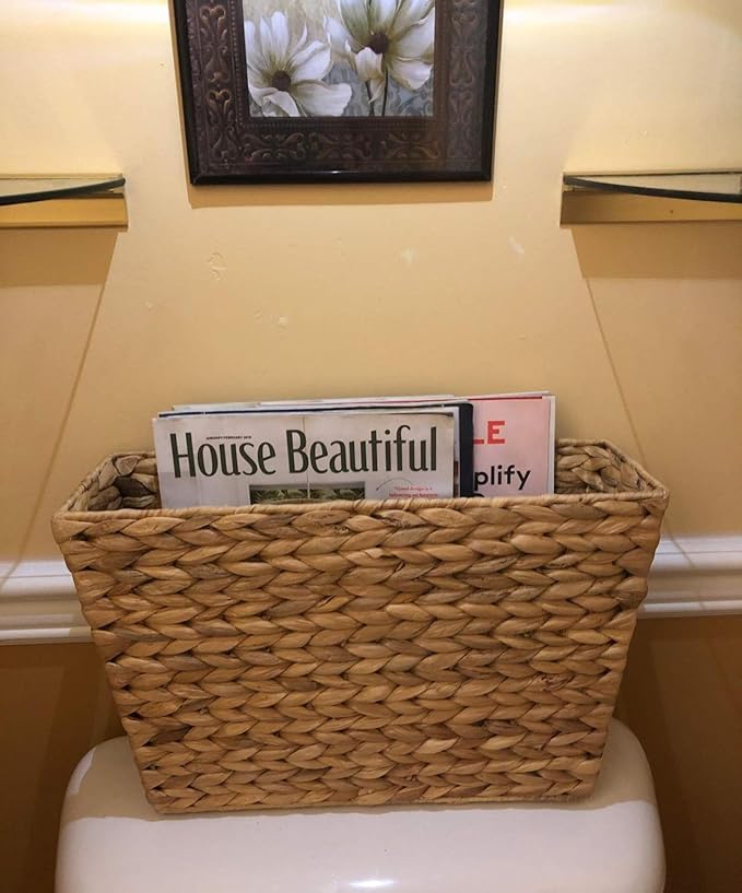Yesland Hand-Woven Narrow Water Hyacinth Holder Wicker Basket, 15.5 x 5.5 x 9.75 Inch Decorative Magazine Storage Basket Bin for Home, Office, Desk