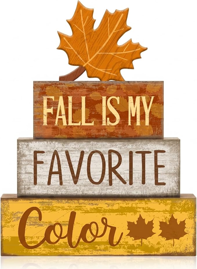 Lineshading 4 Pcs Fall Decoration for Home Wooden Maple Leaf Thanksgiving Tiered Tray Decor Thanksgiving Table Centerpiece Rustic Decorative Maple Leaf Block Signs Farmhouse Autumn Decor for Kitchen
