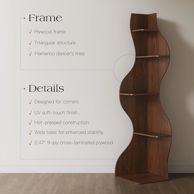 YOWOS Modern Corner Shelf, 5 Tier High Corner Bookshelf for Small Spaces, Scalloped Corner Bookshelf and Storage, Wooden Display Stand for Plants, Books and Decorations (Walnut)