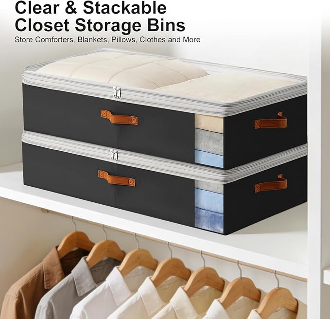 Under Bed Storage Bins - 98L Height-adjustable Under Bed Storage Containers, Compression Blanket Storage Comforter Storage Sweater Storage, Clothes Storage Bins With Clear Window, 2 Pack Black