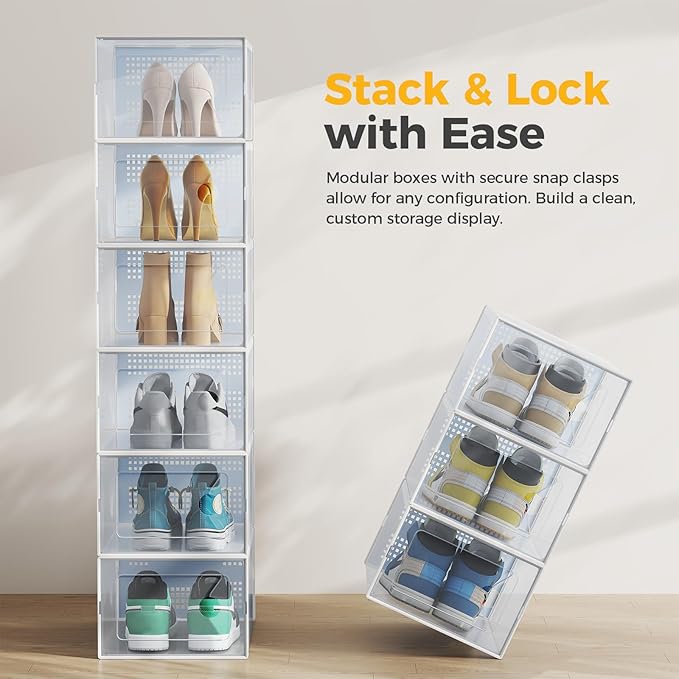 NEWBULIG 12 Pack Clear Shoe Storage Boxes, Shoe Organizer for Closet with Lid, Plastic Stackable Breathable Shoe Cabinet with Lid for Sneakers, Heels & Boots, White