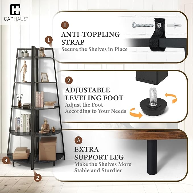 CAPHAUS Tall Corner Shelf Stand, 5-Tier Display Shelves, Ladder Corner Wood Storage Plant Bookshelf with Metal Frame, Versatile Shelving Unit Bookcase for Home Office Space, Black