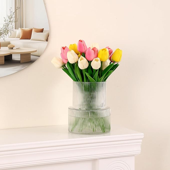 Ribbed Glass Vase, Flower Vase, Fluted Clear Vases for Flowers, Modern Vases for Living Room, Dining Table, Entryway, Shelf, Wedding, Office, Coffee Table, Birthday, 7.5 Inches