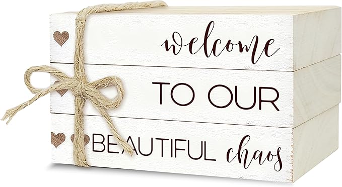 Ycyfckdr Decorative Wood Book Stack for Home, Welcome to Our Beautiful Chaos, Rustic Table and Living Room Bookshelf Farmhouse Decor (L69)