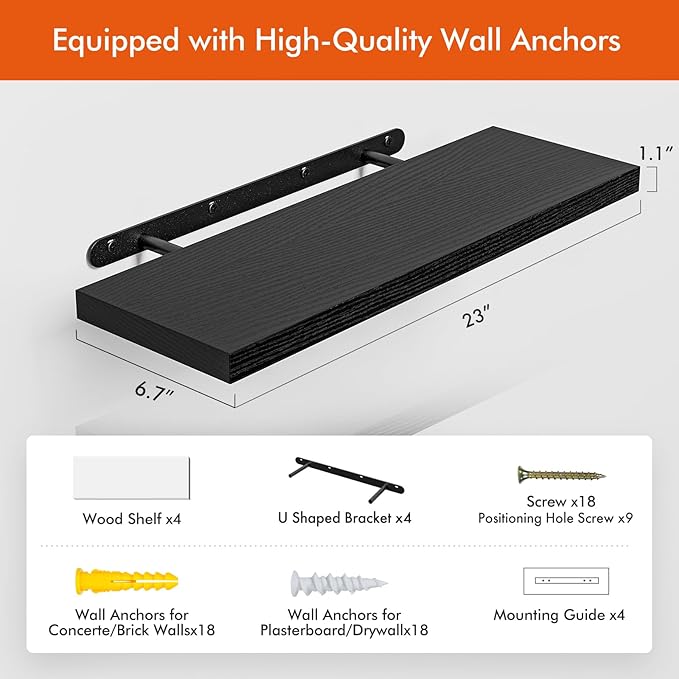 YUFLINX 23’’Black Floating Shelves for Wall,Rustic Wood Shelf for Room Decor/Storage/Display,Small Bookshelf,Wall Mounted Hanging Shelves for Bedroom, Bathroom, Living Room, Kitchen,Set of 4