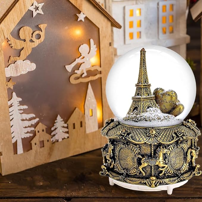 LED Music Snow Globe Vintage Eiffel Tower Buildings Embedded Carousel Retro Home Decoration for Book Shelf Cabinet Floating Board Office Desk Table Top Decor Centerpieces Ornament (Gold)