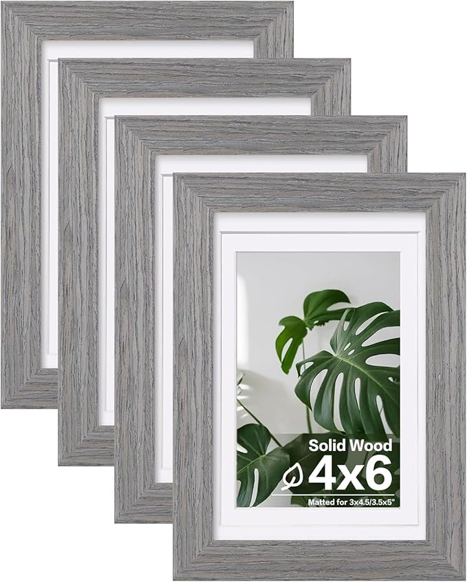 Egofine 4x6 Picture Frames Set of 4, Made of Solid Wood Covered by Plexiglass 3x4.5 and 3.5x5 with Mat or 4x6 without Mat, for Table Top Display and Wall Mounting Photo Frame, Light Grey