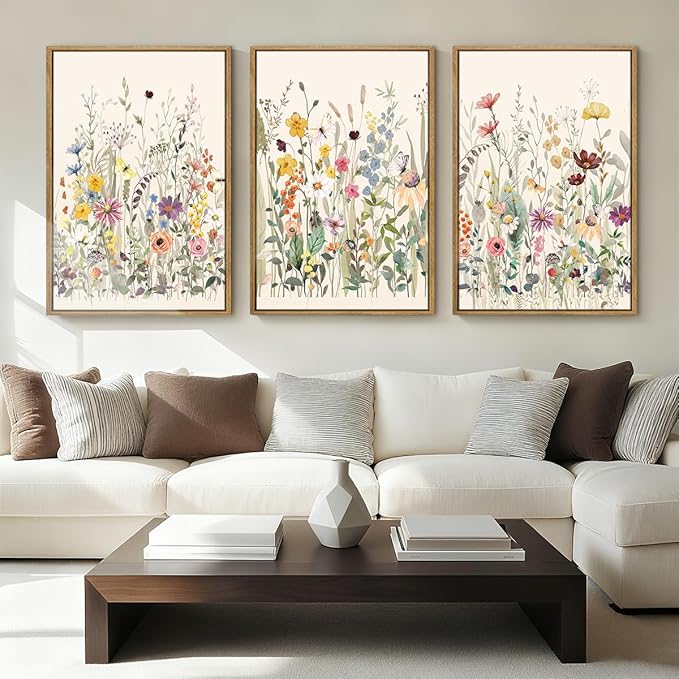 BINCUE Large Framed Floral Canvas Wall Art Colorful Wildflower Pictures Wall Decor Wildflower Artwork Flowers Pictures Floral Home Decor for Living Room Bedroom Office Farmhouse 16x24 Inches Set of 3 Gift