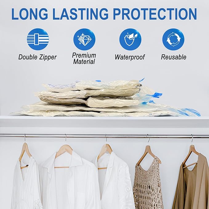 Vacuum Storage Bags with Hand Pump, Plastic Packaging Bags, 80% Space Saver Vacuum Seal Bags for Clothing, Travel Lugggage, Blankets, Comforters, 16 Combo
