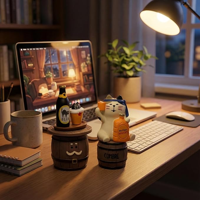 Funny Mini Cat Drinking Figurines Set - Resin Cat with Miniature Beer & Whiskey Barrel Figure for Desk Shelf Home Bar Decor, Unique Cat Lover Gift (Barrel Set)