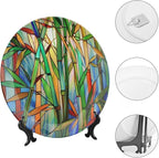 Stained Glass Theme Decorative Ceramic Plate Round Porcelain Plate,7 inch,Bamboo Pattern,for Decorative Ornaments Giving Plates, 1 Plate with 1 Display Stand,Green Blue Orange