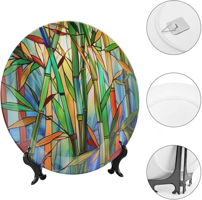 Stained Glass Theme Decorative Ceramic Plate Round Porcelain Plate,7 inch,Bamboo Pattern,for Decorative Ornaments Giving Plates, 1 Plate with 1 Display Stand,Green Blue Orange