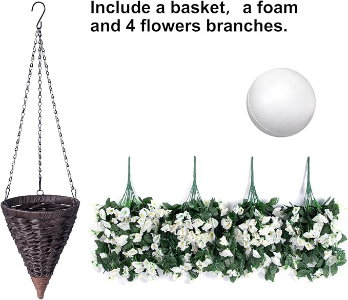 Artificial Fake Flowers Plants Hanging Baskets for Outdoor Outside Winter Christmas Decor, Faux Silk Hanging White Morning Glory Trailing Vines UV Resistant for Porch Patio Home Decoration