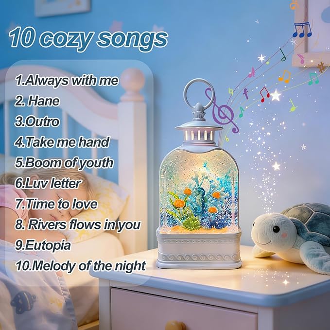 Ocean Themed Snow Globe Lantern with Music - USB or Battery Powered Light Up Water Lantern with Seahorse - Swirling Glitter Water Globe for Summer Costal Ocean Decor Gift for Ocean Lover (Seahorse)