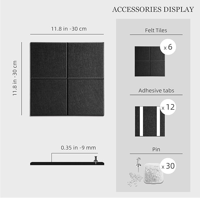 Large Felt Cork Board Alternative - 36" x 24" Black Bulletin Board with 30 Pushpins, 6 Pack Adhesive Cork Board, Sound Absorbing Fabric Wall Tiles, for Office Home Music Class