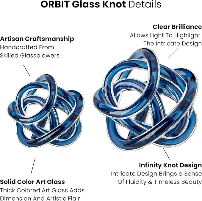 Torre & Tagus Orbit Hand Blown Glass Infinity Knot Sculpture - 3 Inch Glass Art Blue Knot Decor Ball for Home Decor, Small Centerpiece Table Decoration for Home Interior (Indigo Blue)
