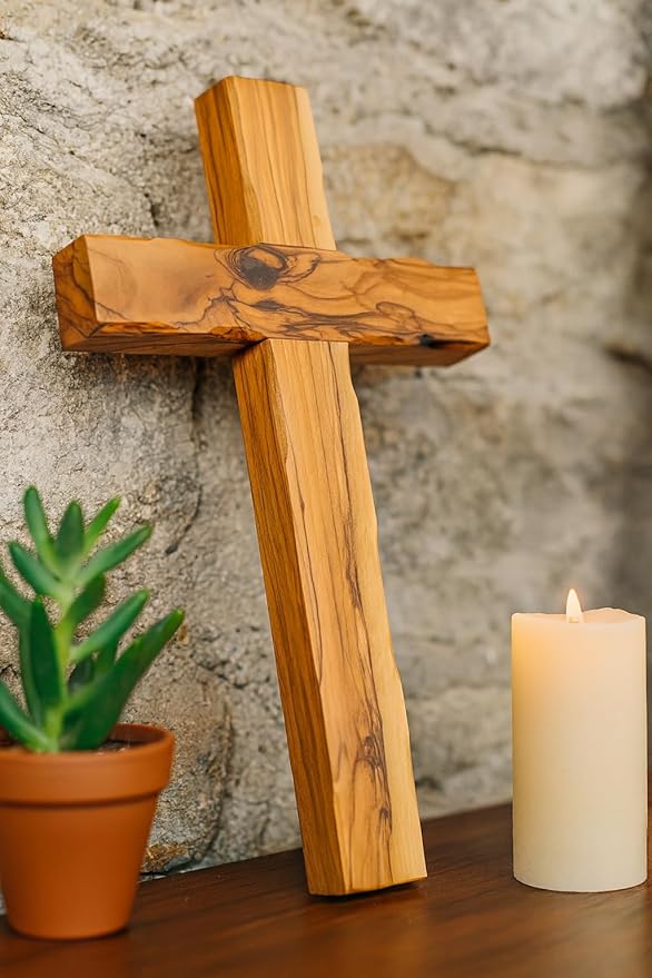 Zuluf Wooden Olivewood Plain Cross For Wall decor | Large Wall Cross Christian Religious Gift | Wall Art Home Room Décor | Jerusalem Decorative Wall Cross with Holy Land Certificate | 25cm / 9.8"
