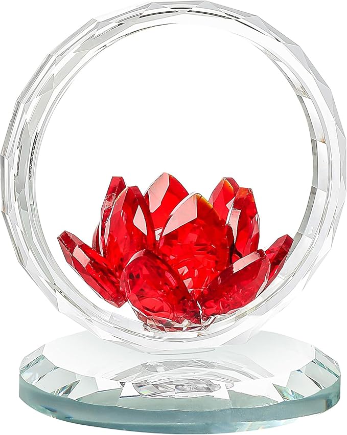 LONGWIN Crystal Lotus Flower Basket Figurine Collectible Glass Flowers Art Decor Reflection Feng Shui Decorative Ornaments for Living Room Bedroom Office Red
