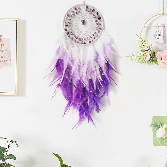 Purple Dream Catcher Wall Decor Feather Dream Catchers with Crystal Pendant Handmade Dreamcatcher Wall Hanging Ornament for Bedroom Living Room Home Decor