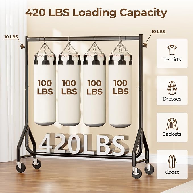 Clothes Clothing Rack, Rolling Heavy Duty Clothes Rack Load 420 LBS With Wheels, Metal Clothes Rack for Hanging Clothes, Portable Standing Clothes Garment Rack, Black,48 inches