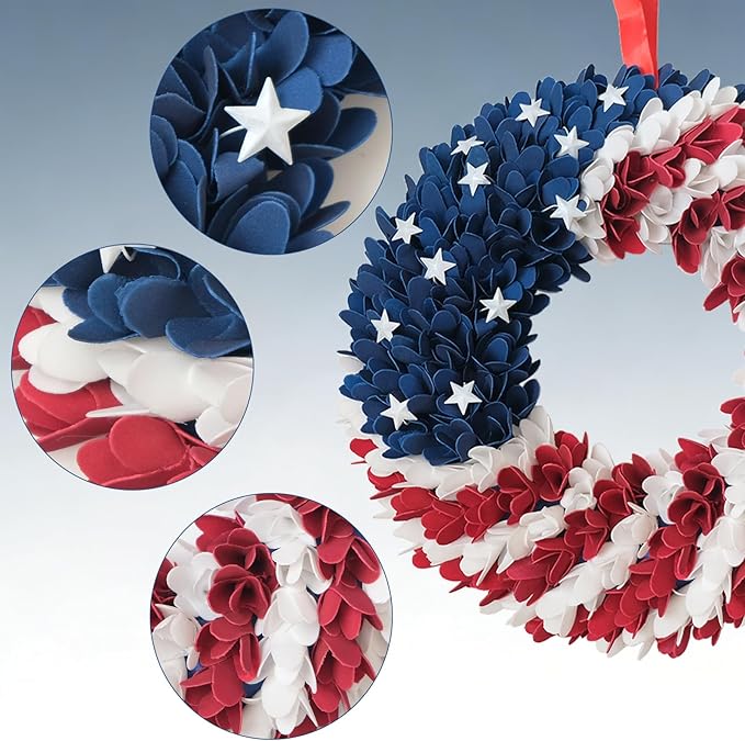 18 Inch Patriotic Red White Blue Wreath for Front Door, 4th of July Soft Touch Flower Wreath for Indoor Outdoor, Independence Day Memorial Day American Flag Wreaths
