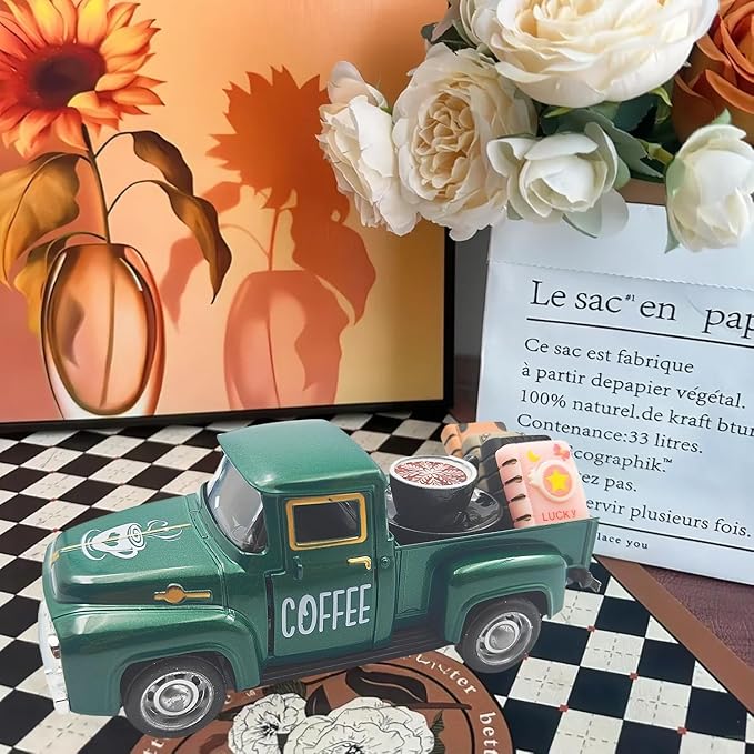Vintage Mini Metal Pickup Truck with The Coffee Decor and The 4 Books,for Home Farmhouse Kitchen Decor & Coffee Decorations (Coffee-Green)