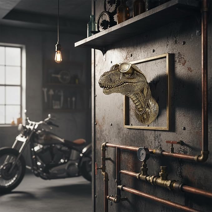 JJALIGHTS Exquisite Resin Animal Head Wall Dragon Sculpture (Gift Metal Frame) - Imitation Copper Vintage Decor for Living Room, Bedroom & Office | Decorative Wall Hanging Art (Dinosaur)