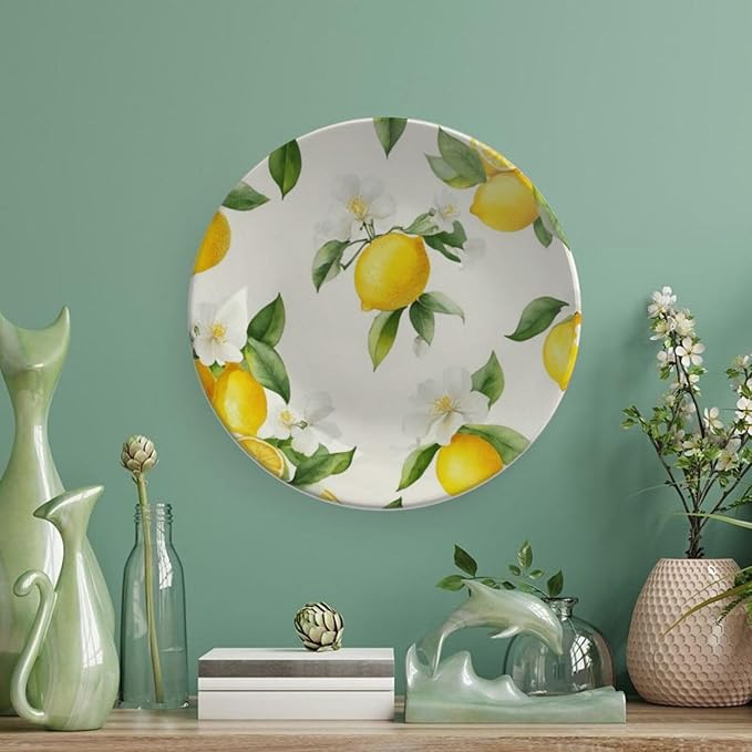 Lemon Theme Decorative Ceramic Plate Round Porcelain Plate,7 inch,Fruit Watercolor Pattern,for Decorative Ornaments Giving Plates,1 Plate with 1 Display Stand,Yellow Green