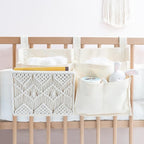 Mkono Bedside Caddy Hanging Organizer, Bunk Woven 7 Pockets Bed Storage Bag Boho Remote Magazine Books Holder with Macrame for Loft Bed College Dorm Bedroom Baby Bed Rails, Ivory