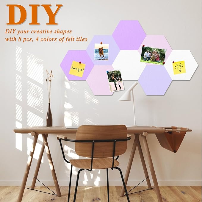8 Pcs Hexagon Felt Cork Bulletin Board Tiles, Self Adhesive DIY Bulletin Board Pin Board for Office School Home Wall Decor Memos Photos Display(Purple & Pink)