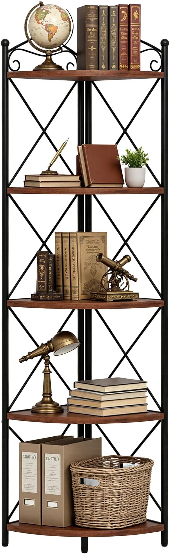 VECELO 5 Tier Corner Shelf Stand, 55.2" Tall Corner Bookshelf, Plant Stand, Rustic Brown Corner Storage Shelf for Living Room, Kitchen, Bedroom, Office