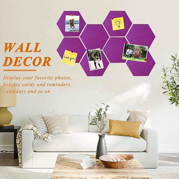 8 Pcs Hexagon Felt Cork Bulletin Board Tiles, Self Adhesive DIY Bulletin Board Pin Board for Office School Home Wall Decor Memos Photos Display(Light Purple)