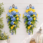 nuvagiki Summer Lemon Floral Teardrop Swag Set of 2, Blue Yellow Chinoiserie Lemon Front Door Decor, Floral Porch Swag for Farmhouse Entryway Wall Hanging Decorations