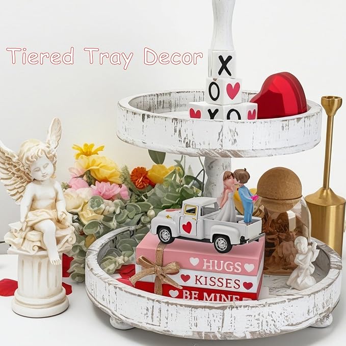 Valentines Day Decorations Farmhouse Vintage Mini Truck with Love Couple Figurines, Heart Pattern, Valentine's Day Home Tiered Tray Decor Valentine & Wedding Table Centerpiece Gifts for Her Him
