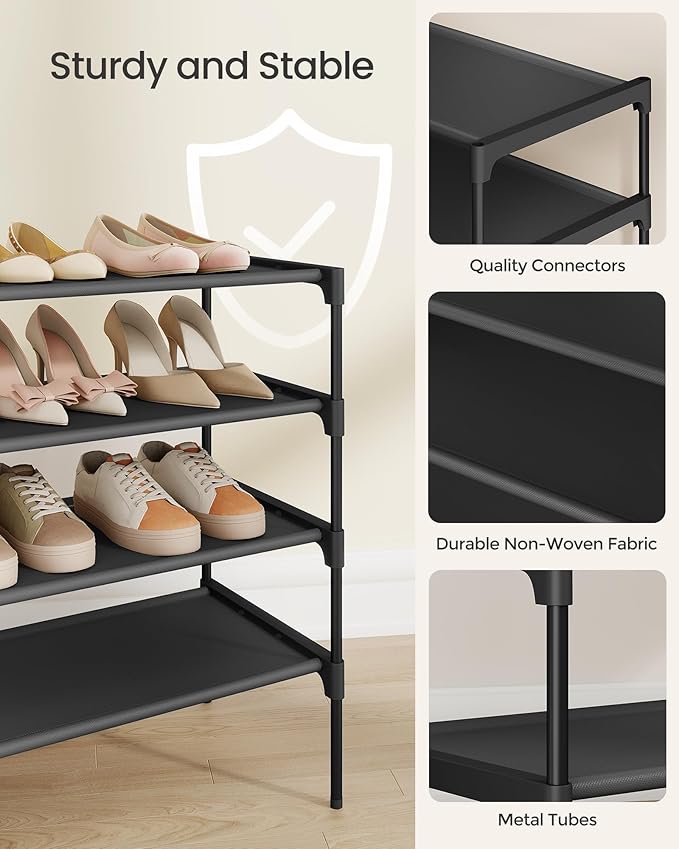 SONGMICS Shoe Rack, 4-Tier Shoe Storage Organizer, Space-Saving, 11.7 x 24.5 x 27.7 Inches, Entryway, Metal Frame, Non-Woven Fabric Shelves, Ink Black ULSH024BH01