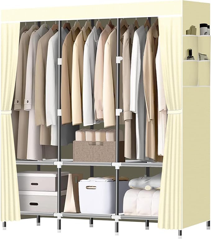 LOKEME Wardrobe Closet,Portable Closet for Bedroom Steel Pipe Diameter 19mm Strong and Sturdy Off White Portable Closets for Hanging Clothes with 3 Hanging rods, 6 Storage Shelves and Side Pocket