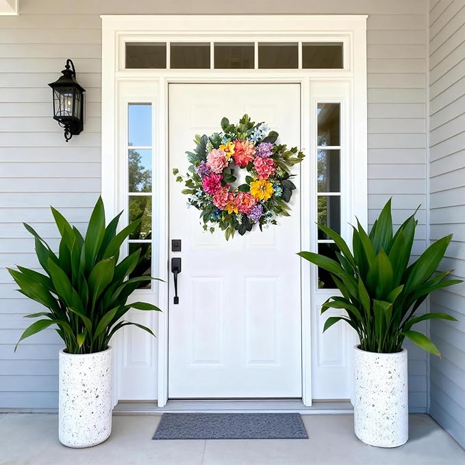 Spring Wreaths for Front Door, 24 Inch Spring Door Wreath with Yellow Dahlia,Pink Hydrangea Dahlia Peony Flower Wreath for All Season Outside Indoor Outdoor Home Porch Wall Decor