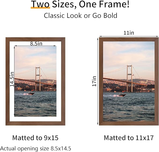 11x17 Picture Frame 3 Pack - Brown Poster Frame Display Pictures 9x15 with Mat or 11 x 17 Without Mat for Wall Hanging Horizontal and Vertical