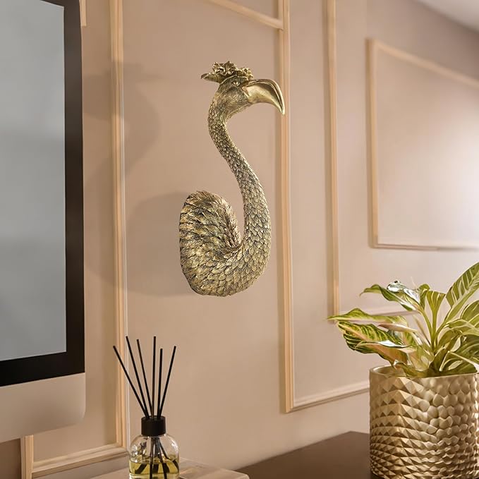 GUSFREUD Vintage Animal Head Wall Decor - 13" Resin Flamingo Wall Art For Home Decor, Gold Bird Wall Sculptures for Living Room, Bedroom, Kitchen, Unique Gift Idea