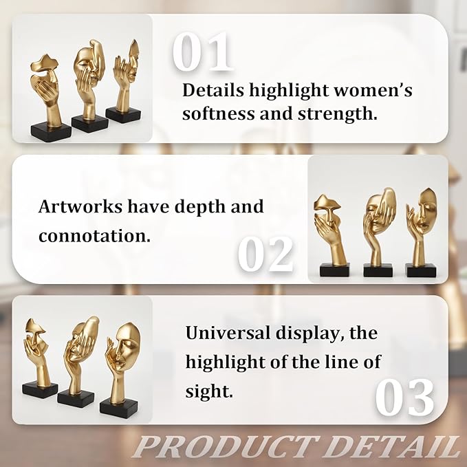 Gold Decor Thinker Statues Set of 3,Golden Abstract Face Resin Sculptures,Home Decor Accents,Office Bookshelf Decor, Shelf Side, Table Decorations for Living Room, Gift for Friends (gold-3Pcs)