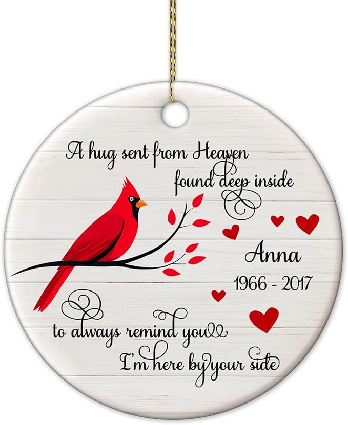 HYTURTLE Personalized Memorial Christmas Ornament Tree Decor Gifts for Family Loss of Loved One Mom Dad in Heaven, Sympathy Remembrance Bereavement Gifts, Cardinal Bird Custom Name Circle Ornament