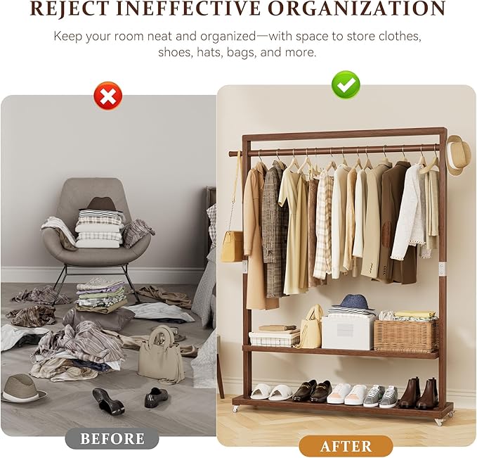 Solid Wood Clothes Rack with Wheels | 3-in-1 Freestanding Garment Rack & Coat Tree, Extra-Long Rod, Two Shelves, 220 lb Load | Organizer for Bedroom & Entryway