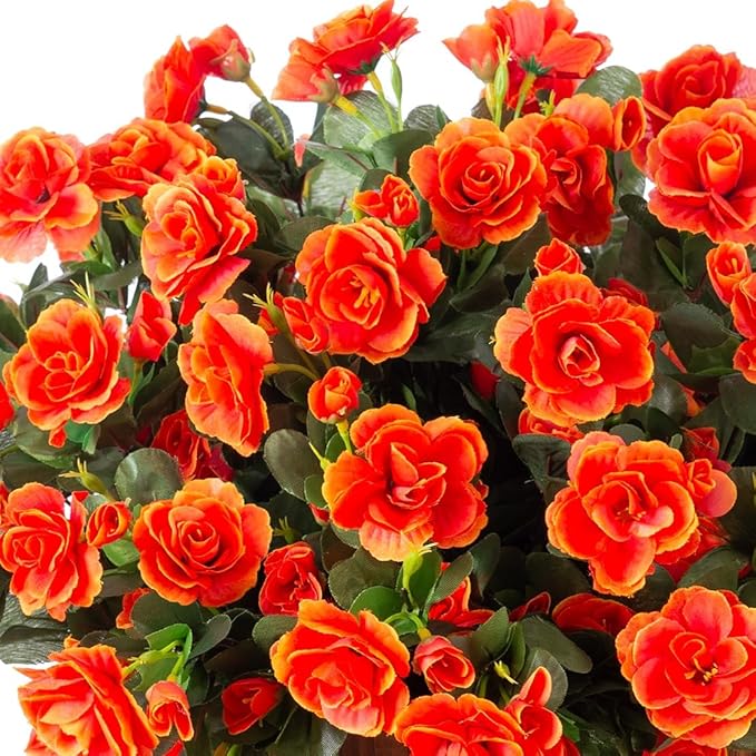 HyeFlora Artificial Faux Outdoor Outside Flowers Plants For Spring Decor, Fake Silk Orange Camellia UV Resistant Look Real for Autumn Planter Front Door Porch Patio Balcony Decoration, 3 Large Bundles