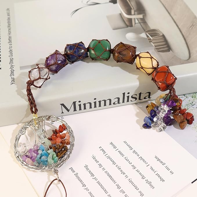 Handmade Crystal Window Car Hanging Ornaments 7 Chakra Home Decoration Feng Shui Ornament Yoga Meditation Car Decoration Tumbled Palm Stones (Style13)