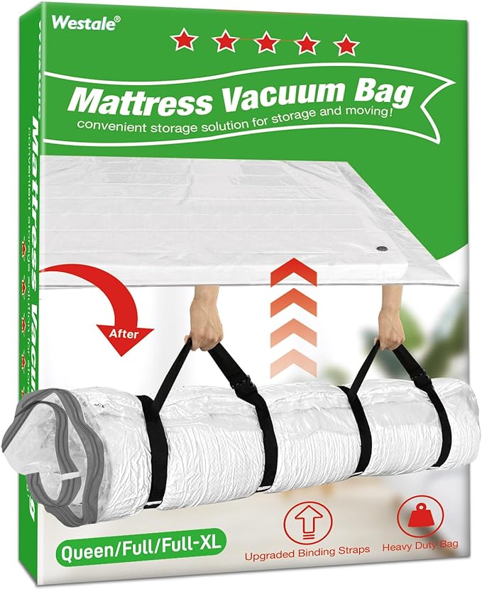 Mattress Vacuum Bag Queen/Full/Full-XL Space Saver Mattress Vacuum Seal Bag with Straps for Moving Double Zip Seal Reusable Mattress Compression Vacuum Storage Bags